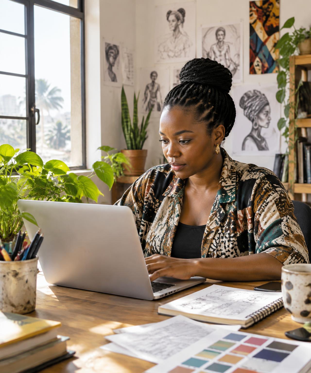 An independent designer working at her laptop in a bright studio